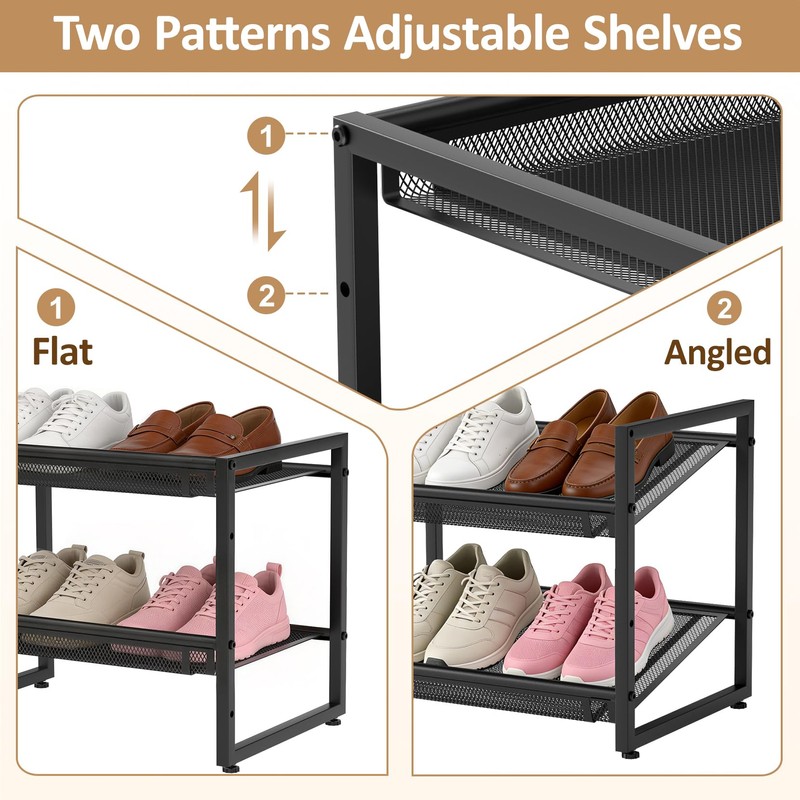 Expandable Shoe Rack, 2 Tier Adjustable Shoe Organizer with Flat