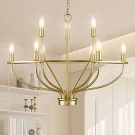 FookChak 9-Light Gold Light Fixture Vintage Candle Chandelier Lighting Brass Dining Room Chandelier Over Table for Living Room Foyer Kitchen Island Bedroom, 28.54in, E12