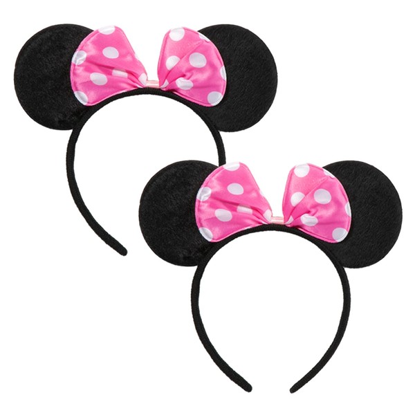 CHuangQi Mouse Ears Headband (Set of 2), Solid Black and Pink Bow with Polka Dot, Party Favors