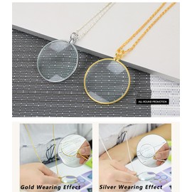 Magnifying Glass Necklace Monocle, 5X Necklace Magnifier with 1.6 inch Glass Lens and 35.4 inch Long Chain, Magnifying Pendant Eyepiece for Library, Reading (Gold)