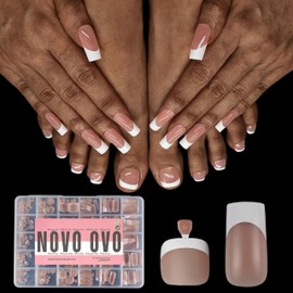 NOVO OVO French Tip Press On Nail Tips, Brown Pink Square Nail Extension, Square Round Toenails, Pre-Layered Tip Primer for Base Coat, Full Cover for DIY x 15 Sizes