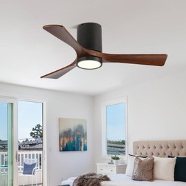 TOVRON Ceiling Fan with Light and Remote 52 Inch Indoor/Outdoor Flush Mount with 3 Wooden Blades, Reversible DC Motor for Bedroom Living Room Farmhouse Patio