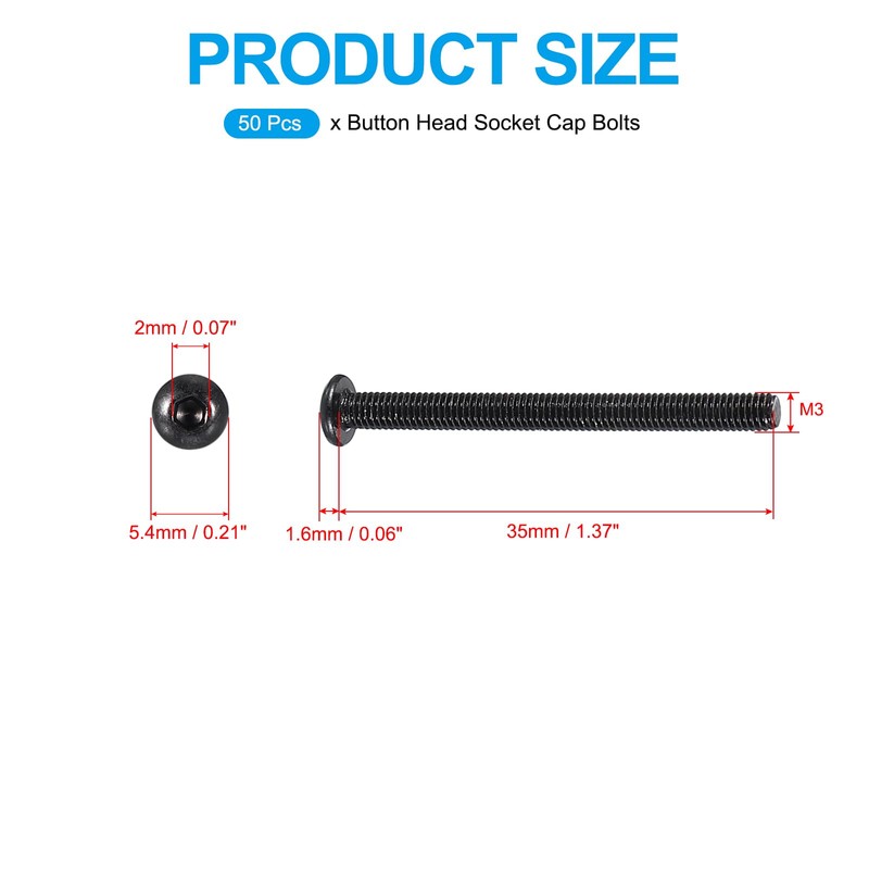 PATIKIL M3-0.5x36.5mm Button Head Socket Cap Bolts Screws, 50 Pcs