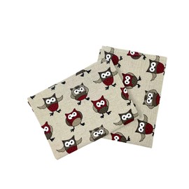 Ger3as Set of 2 Gourmet Tea Towels, Kitchen Towels, Linen Cotton Hand Towels, 50 x 70 cm, Half-Linen Stonewashed Jacquard or Printed Tea Towels (Printed Half-linen Kitchen owl in burgundy)