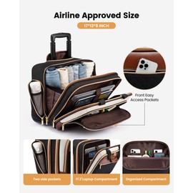LOVEVOOK Rolling Laptop Bag Women, 17.3 Inch Laptop Briefcase with Wheels, Soft Sided Underseat Carry On Luggage Personal Item Suitcase for Work Travel Business, Black Brown Beige