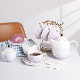 Sweejar Porcelain Tea Sets, 8 OZ Cups & Saucer Service for 4, Teapot Sugar Bowl Cream Pitcher Teaspoons and Tea Strainer for Adult Tea Coffee Afternoon Party (Purple)