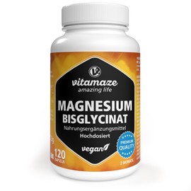 Vitamaze - amazing life Magnesium Bisglycinat Kapseln hochdosiert, 1500 mg in nur 2 Kapseln davon 300 mg elementares Magnesium pro Tagesdosis, 120 vegane Kapseln für 2 Monate, ohne Zusatzstoffe, Made in Germany