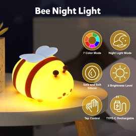 Bee Night Light, Cute Silicone Animal Bedside Lamp, Night Lamp for Kids Room, Dimmable LED Lamp,Bedroom Touch Lamp, Nursery,Baby Room&Girls Room Decor, Baby Boys Girls Gift,Rechargeable Nightlight