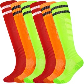Kids Soccer Socks Boys Football Socks 6 Pairs Girls Striped Knee High Socks Baseball Softball Sports Teenager Youth (Bright Set, 10-14 Years)