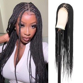 Lexqui 36" 360° HD Full Lace Braided Wigs for Women Box Braid Wig with Baby Hair Handamde Human Hair Blended Triangle Knotless Braided Wigs Natural Black Braided Lace Front Wig