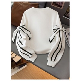 WDIRARA Women's Bow Oversized Sweatshirt Y2k Crew Neck Long Sleeve Pullover Tops White Small