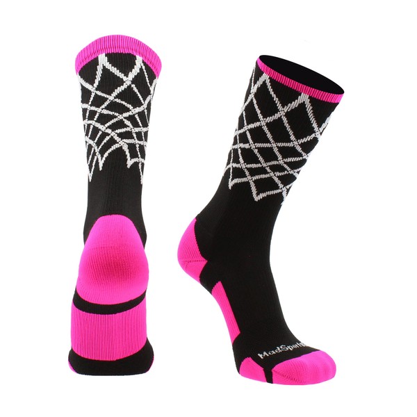 MadSportsStuff Crew Length Elite Basketball Socks with Net (Black/Neon Pink,