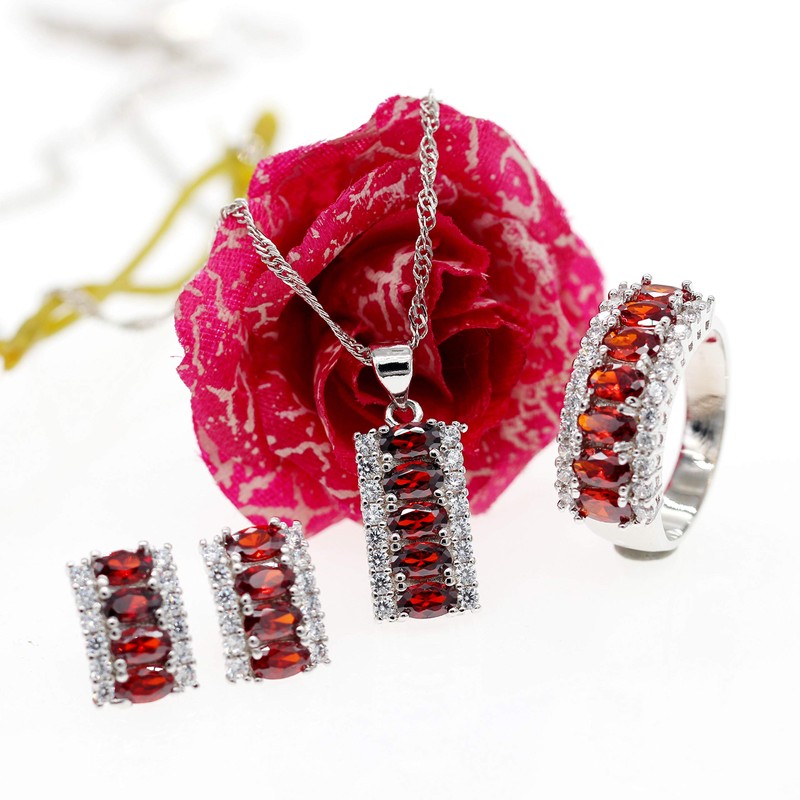 Uloveido Ladies Simulated Ruby Necklace/Stud Earrings/Ring Rhinestone Crystal Party Jewellery