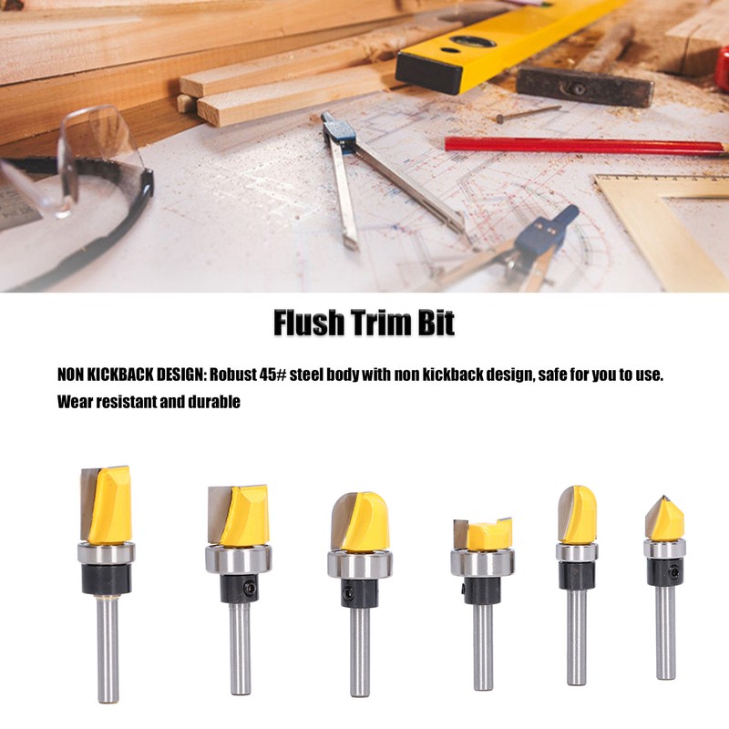6Pcs Flush Trim Bit 6mm Shank Pattern Router with Bearing