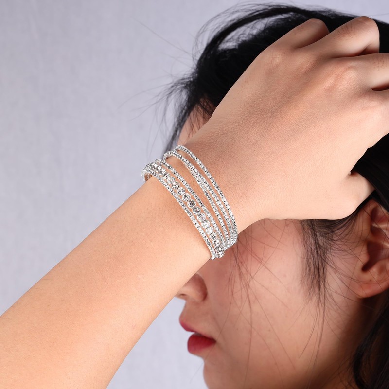 JJDreams Rhinestone Bracelet for Women, Layered Open Metal Bracelet, Multilayer