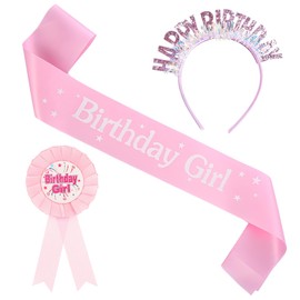 Xdealcozyxc 3 Pcs Birthday Girl Headband Set, Happy Birthday Headband with Sash and Badge Strap