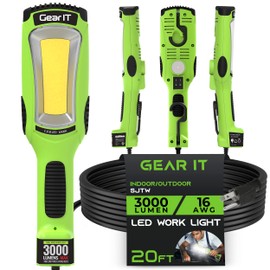 GearIT LED Work Light (20 feet) 3000 Lumen COB LED - 16 Gauge SJTW Indoor/Outdoor NEMA 5-15R Extension Cord - Handheld, Rotating Hanger, Magnetic Base for Auto Mechanic and Construction - 20ft