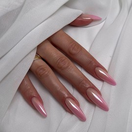 FORBELOVED NAILS,Pink Chrome Glazed Ombre Press On Nails,Medium Almond Glue On Nails,Glossy Full Cover False Nails For Women And Girls,12 Sizes-24Pcs with Glue,(Pink),FOB