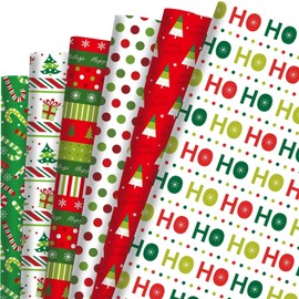 Bolsome 12Pcs Christmas Wrapping Paper Red Green Xmas Tree Polka Dots Candy Cane Ho Ho Ho Pattern Gift Wrap Paper Bulk Folded Flat for Birthday Party Xmas Party DIY Craft, 19.7 x 27.6 inch