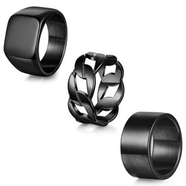 YOVORO 3Pcs Stainless Steel Signet Rings Chunky Wide Band Ring for Men Women Cuban Link Chain Rings Fashion Matte Finish Plain Ring Comfort Fit Size 10 Black