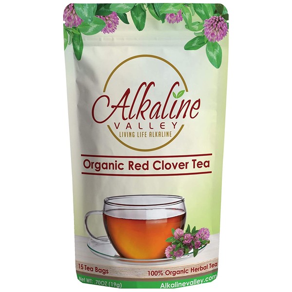 Organic Red Clover Tea - 100% Alkaline - 15 Unbleached/Chemical-Free Red Clover Tea Bags - Caffeine-Free, No GMO