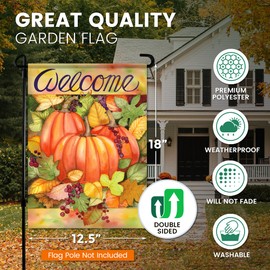 Fall Garden Flag - Pumpkins and Leaves 12x18 - Perfect for the Pumpkin Patch! Double Sided Fall Colors with Pumpkins and leaves Garden Flag - Front Yard Entry Garden Flag - For House Outdoor, Lawn,
