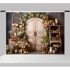 Kate 7x5ft Spring Pink Rose Flowers Photo Backdrops for Photography Wooden Arch Floral Door Vintage Wooden Vase Books Decoration Wedding Portrait Photographic Background