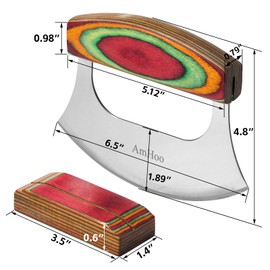 AmHoo Pizza Cutter 6.5 Inch Chef Mezzaluna Ulu Knife Handle Color Wood Grip Sharp Rocker Slicer Stainless Steel Blade Salad Onion Vegetable Chopper with Holder Base Christmas Gifts