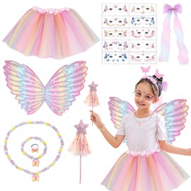 8 Pcs Fairy Costume Set for Girls,Butterfly Wing Fancy Dress-Fairy Wings Kids,Magic Wand,Bow Hairpin,Butterfly Pendant,Bracelet,Ring,Eye Corner Sticker,Angel Princess Costume for Kids Party Dress Up