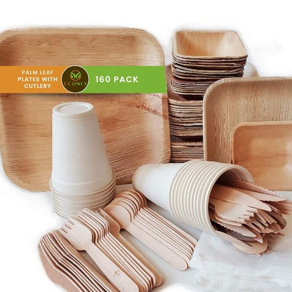 ECONLY Disposable Rustic Plates Palm leaf plates10",7" 4.5" Compostable Plates,Disposable Dinnerware set with Cutlery|Palm Plates Disposable with Cutlery Napkins Heavy Duty Biodegradable Utensils