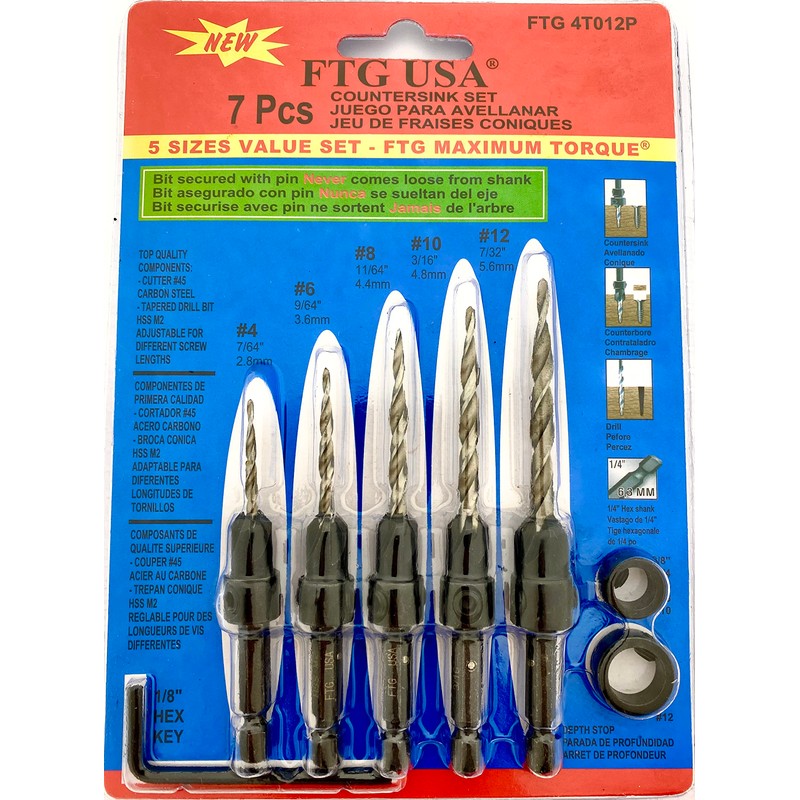 FTG USA Adjustable Wood Countersink Drill Bit Set 5 Pc