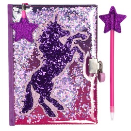 Fringoo - Glitter Girls Secret Diary with Glitter Star Pen, 2 Keys, Heart Padlock and Matching Bookmark | Beautiful Girls Notebook and Pen Set for Secrets | Glitter Unicorn