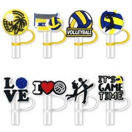 8Pcs Volleyball Straw Cover for Tumbler Cap, Sports Ball Silicone Straw Topper, 10mm Drinking Straw Tip Covers for Accessories (Volleyball)