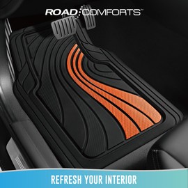 Road Comforts Car Floor Mats Full Set – Front & Rear Car Floor Mats with Aluminum Design, Anti-Slip Backing, All-Weather Protection, Trim-to-Fit Car Mats for Most Sedans, SUVs & Vans - Orange