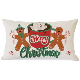 HERHOME Merry Christmas Pillow Cover 12x20 Inch Gingerbread Man Hot Cococa Christmas Decorations Outdoor Bakery Winter Holiday Xmas Decorative Lumbar Throw Pillow Case for Party Sofa Couch Home Decor