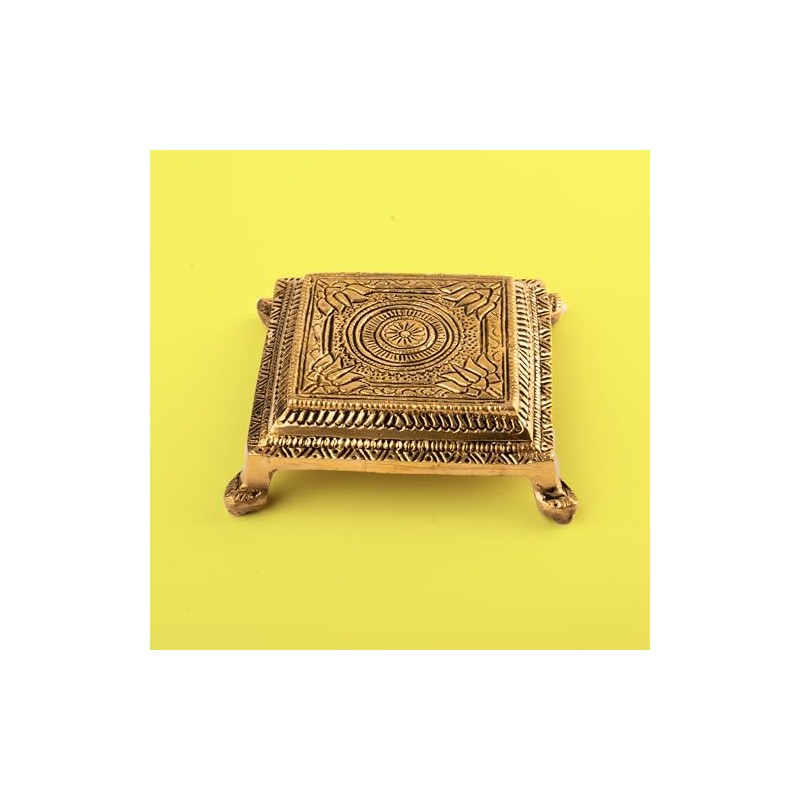 Tarini Gallery Brass Handcarved Chowki Small Stool Bajot elevated Engraved