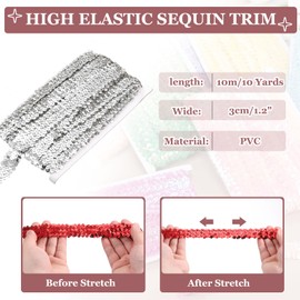 MECCANIXITY 10 Yard x 1.2 Inch Elastic Sequins Trim Flat Stretchy Sequin Strip Paillette Fabric Ribbon Band for DIY Crafts Sewing Dress Silver