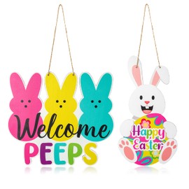 L1rabe Easter Welcome Door Signs - 2Pcs Easter Bunny Peeps Wooden Front Door Sign Decorations Happy Easter And Welcome Peeps Decor Easter Colorful Rabbit Indoor Outdoor Porch Wall Fireplace Decor