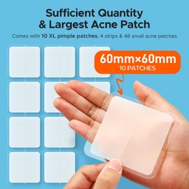 TKTK Large Pimple Patches, 60 mm XL Acne Patches, Big Hydrocolloid Bandages for Body, Face, Forehead, Chin, Neck Zit Breakouts, Hydrocolloid Patch (Square, Strip, Dot 5 Sizes 62 Count)