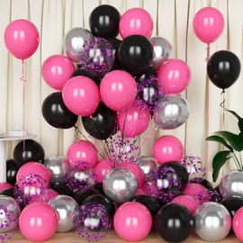 Eitolo Pink Black Balloons, 50PCS 12inch Hot Pink Silver Latex Balloons with Confetti Balloons for Girls Women's Pink Theme Birthday Wedding Anniversary Engagement Bridal Shower Party Decoration
