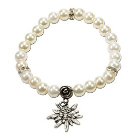 Alpenflüstern Fiona Pearl Dirndl Traditional Costume Bracelet with Rhinestone/Edelweiss – Women's Costume Jewellery, Elastic Traditional Costume Bracelet, Pearl Bracelet in Traditional Colours, DAB011, Base Metal