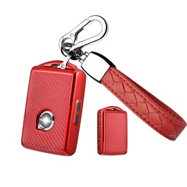 HIBEYO TPU Carbon Fiber Texture Car Key Fob Cover with Keychain fits for Volvo XC90 XC60 XC40 S60 S90 V90 V60 Polestar 1 T5 T6 Car Key Case Cover Jacket Smart Remote Car Key Holder 4 Button Red