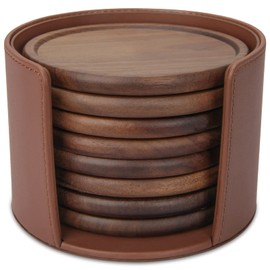 8 Pieces Wood Drink Coasters with Leather Holder, GOH DODD 4 Inch Walnut Coasters Set 100% Natural and Organic Dinner Decor Centerpiece for Home Office Table