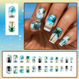 Summer Square Press on Nails Medium Fake Nails with Design Acrylic Nails Blue Seaside Landscape Artificial False Nails Full Cover Stick on Nails Press Ons Nails Glue on Nails for Women 24 Pcs