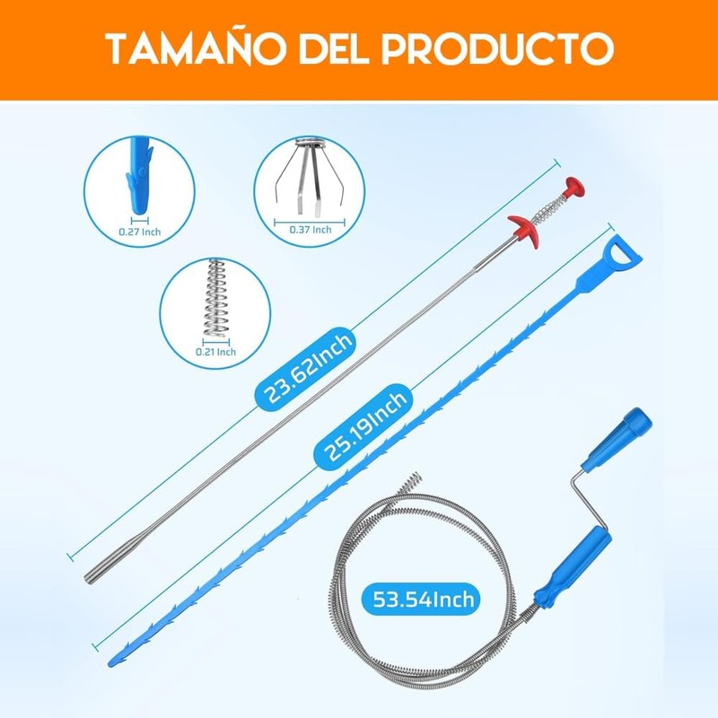 Destapador de Drenaje, Kit de 6 Herramientas para Eliminar Obstrucciones