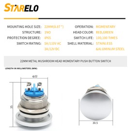 STARELO 22mm Momentary Push Button Switch Mushroom Head,Stainless Steel Metal IP65 Waterproof 2Pin SPST 1NO 5A 250V AC 12V 24V 36V DC 7/8'' Mouting Domed Screw Terminal （Sliver.