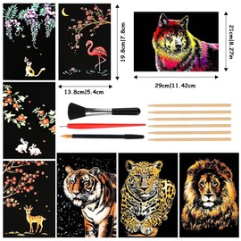 Muyohix Pack of 8 Scratch Pictures for Adults Scratch Art Set Magic Rainbow Scratch Paper A4 Scratch Painting DIY Crafts Adults and Children with 6 Scratch Tools for Birthday Gift (Animals)