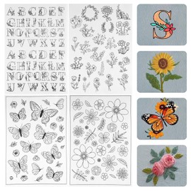 GHLAECM 4 Sheets Water Soluble Embroidery Templates 134 Designs - Flowers, Letters & Plants Washing Up Ideal for DIY, Beginners, Fabric Embroidery, Bag and Hat Embellishment