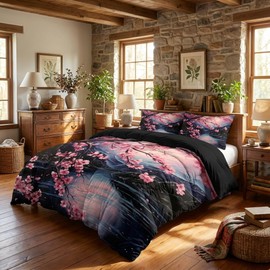 CCoutueChen Japanese Cherry Blossom Comforter Set King Women Black Pink Floral Bedding with 2 Pillowcases, 3Pcs Soft Farmhouses Country Bedroom Decor Quilt Set, 104"x90"
