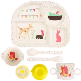 LOMUG Children's Crockery Set, Without Melamine, 5-Piece Crockery Set with Suction Cup, Baby Menu Tray, Baby Plate, Non-Slip BPA Free, Plate, Cup with Lid, Spoon, Fork for Children, Dishwasher Safe